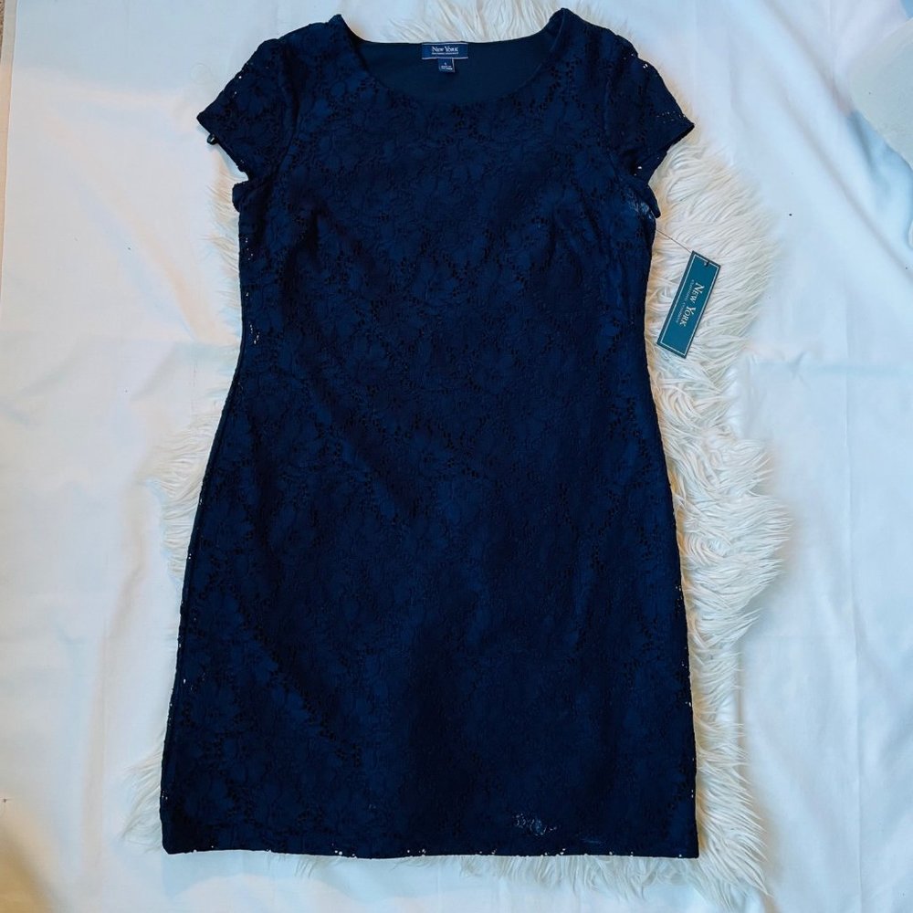 New York Clothing Co Dress Womens 6 Navy Cap Sleeve Lace Shift Stretch New